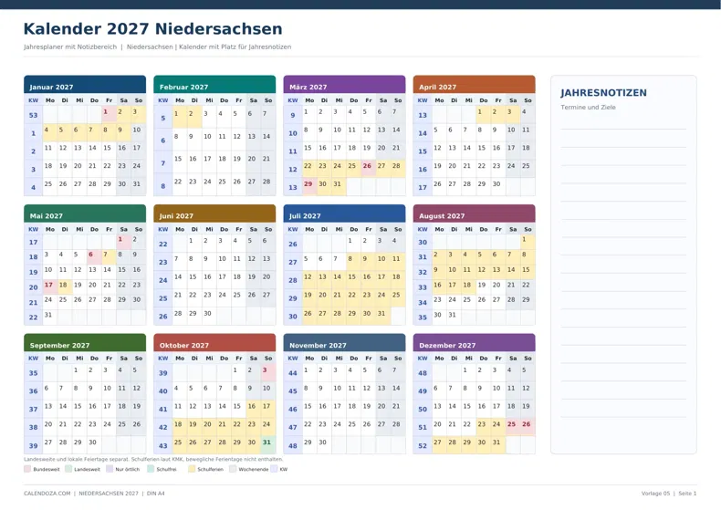 Kalender 2027 Niedersachsen: Jahresplaner mit Notizen