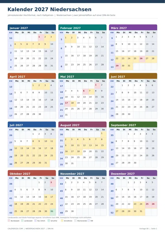 Kalender 2027 Niedersachsen: Jahreskalender Hochformat
