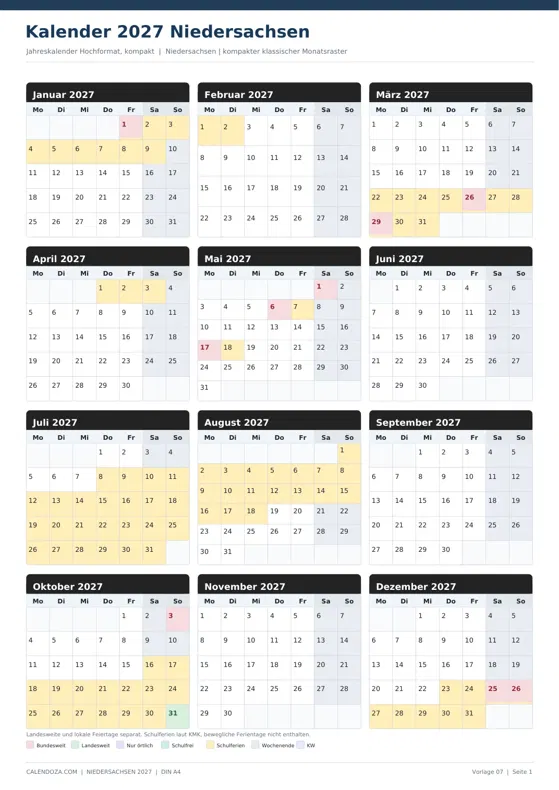 Kalender 2027 Niedersachsen: Jahreskalender Hochformat kompakt