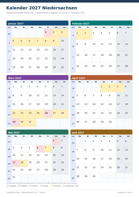 Kalender 2027 Niedersachsen: Halbjahreskalender Hochformat