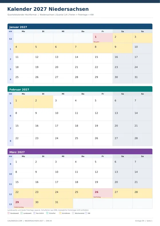 Kalender 2027 Niedersachsen: Quartalskalender Hochformat