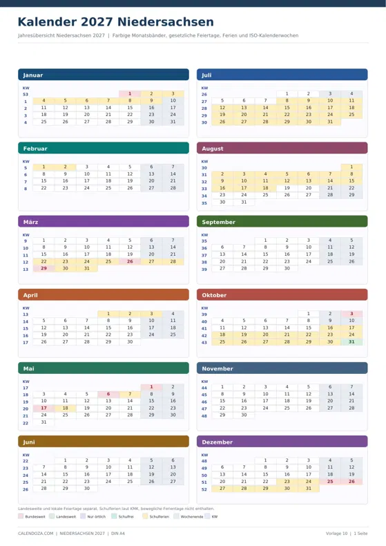 Kalender 2027 Niedersachsen: Farbige Jahresübersicht Hochformat