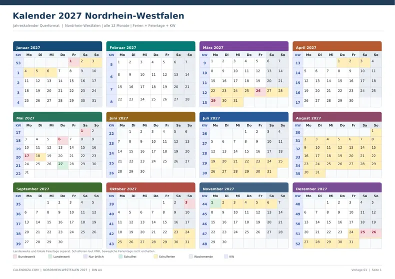 Kalender 2027 Nordrhein-Westfalen: Jahreskalender Querformat
