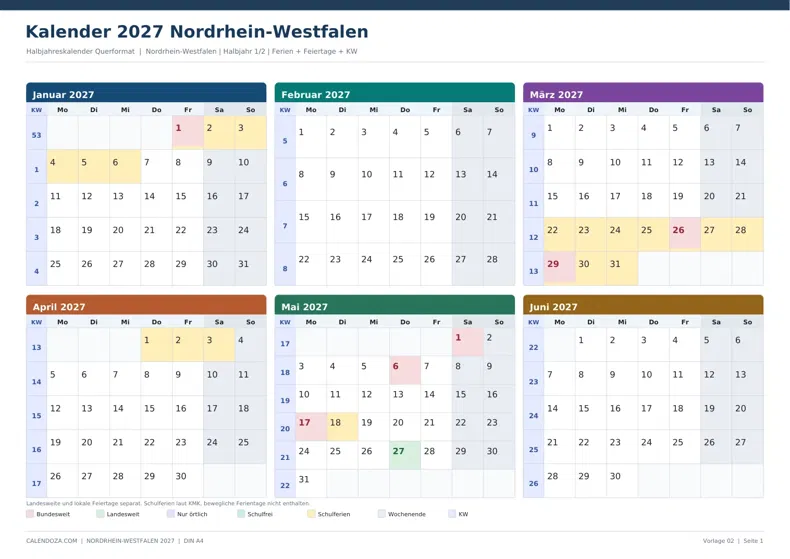Kalender 2027 Nordrhein-Westfalen: Halbjahreskalender Querformat