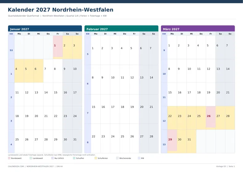 Kalender 2027 Nordrhein-Westfalen: Quartalskalender Querformat