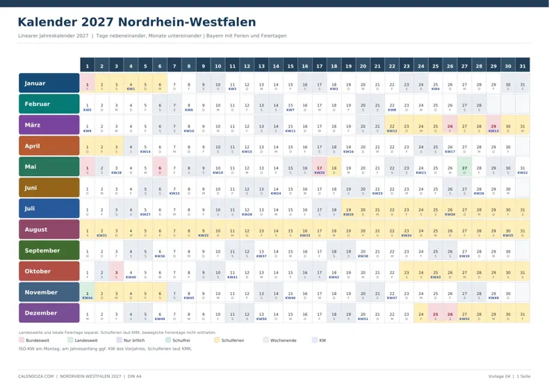 Kalender 2027 Nordrhein-Westfalen: Linearer Jahreskalender