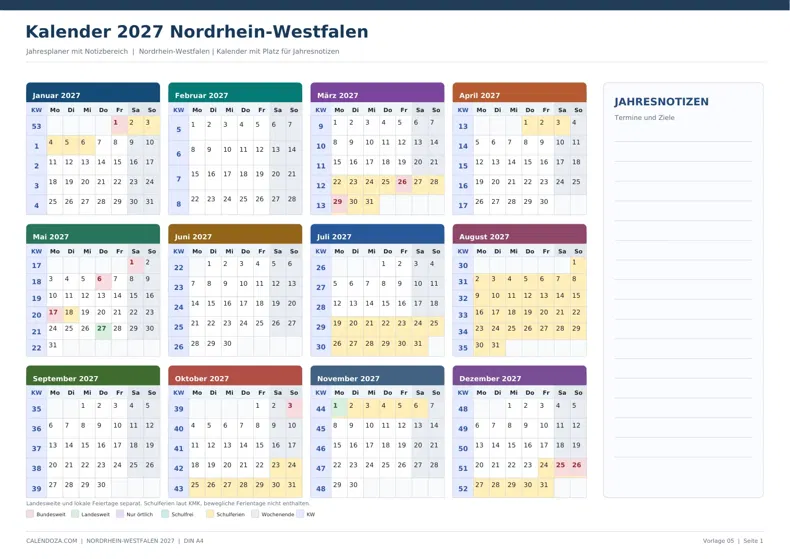 Kalender 2027 Nordrhein-Westfalen: Jahresplaner mit Notizen