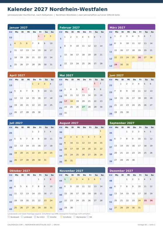 Kalender 2027 Nordrhein-Westfalen: Jahreskalender Hochformat