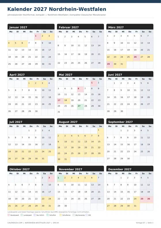 Kalender 2027 Nordrhein-Westfalen: Jahreskalender Hochformat kompakt