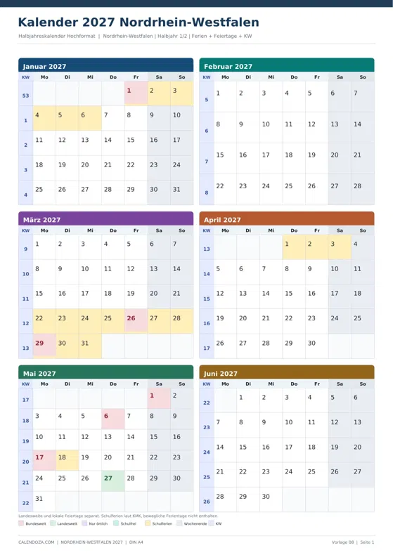 Kalender 2027 Nordrhein-Westfalen: Halbjahreskalender Hochformat