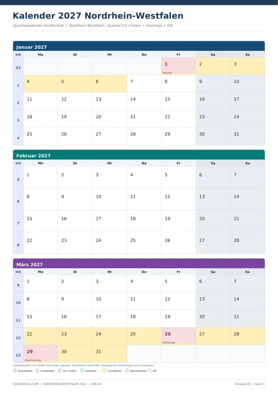 Kalender 2027 Nordrhein-Westfalen: Quartalskalender Hochformat