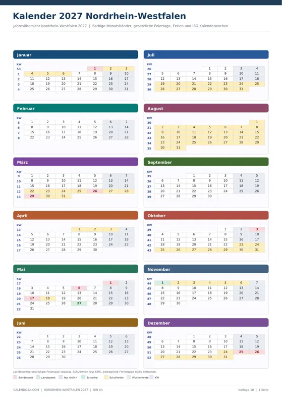 Kalender 2027 Nordrhein-Westfalen: Farbige Jahresübersicht Hochformat
