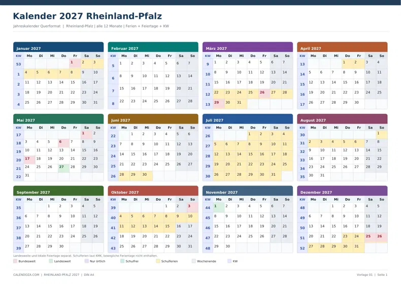 Kalender 2027 Rheinland-Pfalz: Jahreskalender Querformat