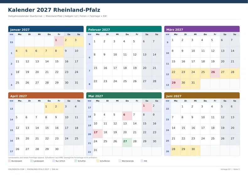 Kalender 2027 Rheinland-Pfalz: Halbjahreskalender Querformat