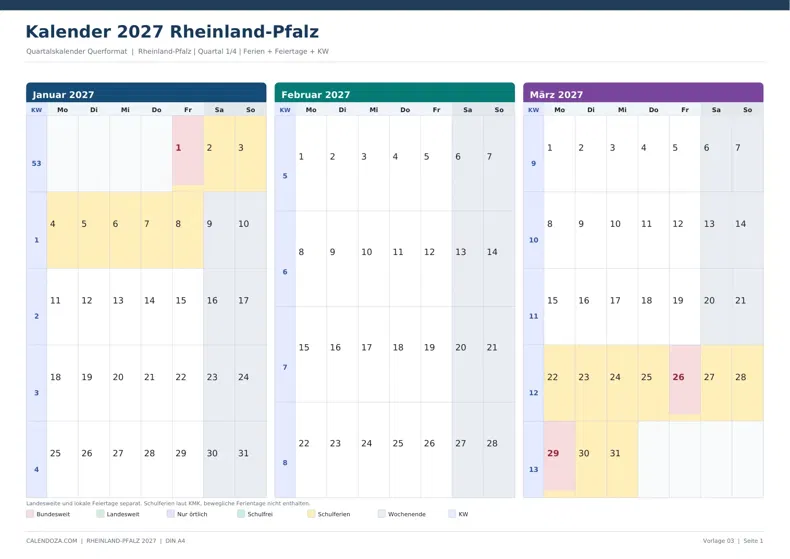 Kalender 2027 Rheinland-Pfalz: Quartalskalender Querformat