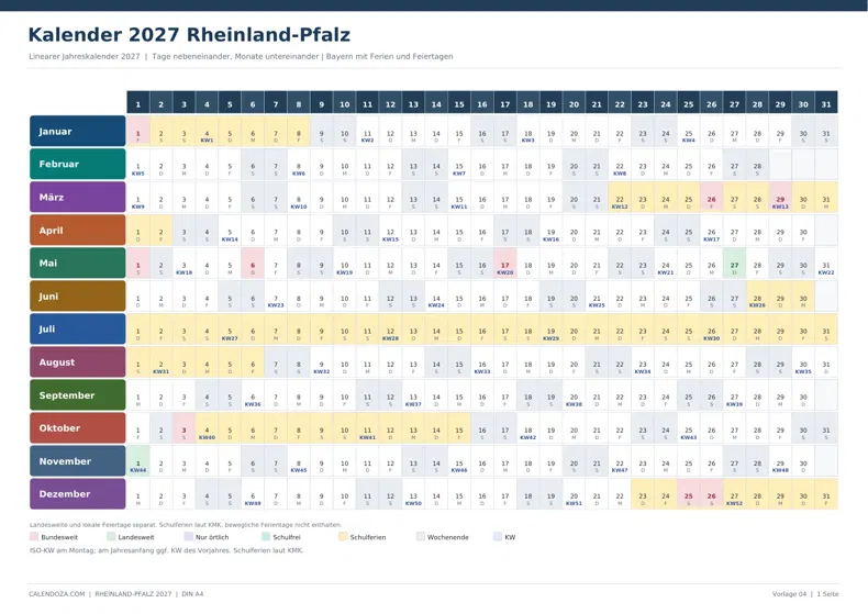 Kalender 2027 Rheinland-Pfalz: Linearer Jahreskalender