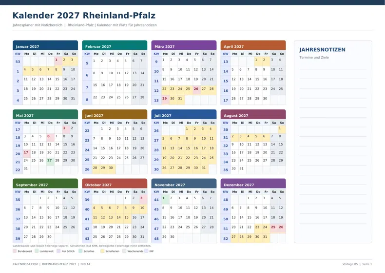 Kalender 2027 Rheinland-Pfalz: Jahresplaner mit Notizen