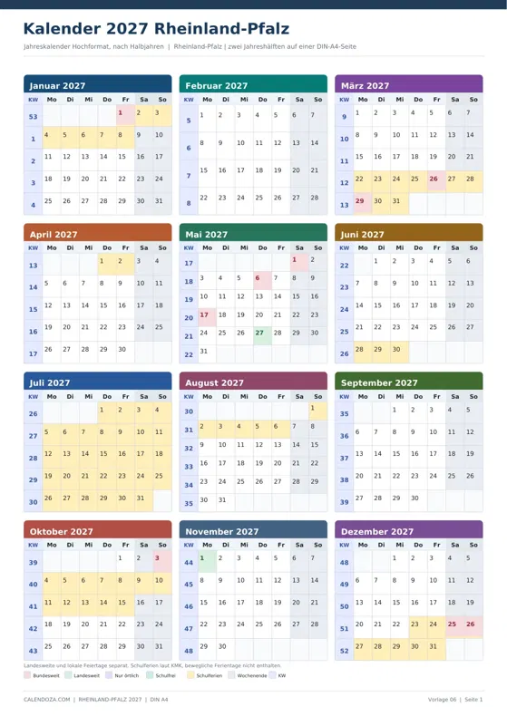 Kalender 2027 Rheinland-Pfalz: Jahreskalender Hochformat