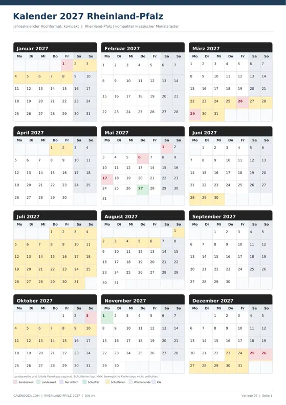 Kalender 2027 Rheinland-Pfalz: Jahreskalender Hochformat kompakt
