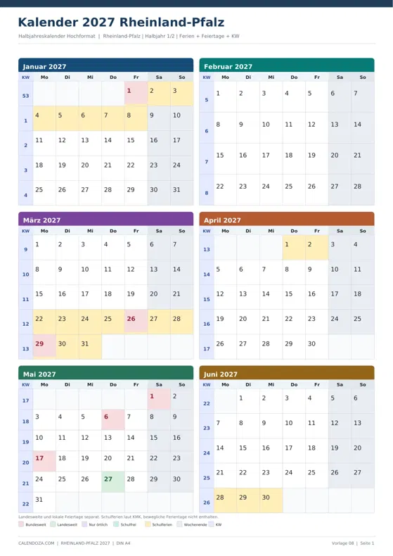 Kalender 2027 Rheinland-Pfalz: Halbjahreskalender Hochformat