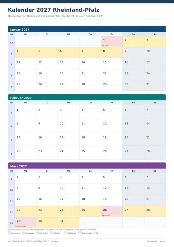 Kalender 2027 Rheinland-Pfalz: Quartalskalender Hochformat