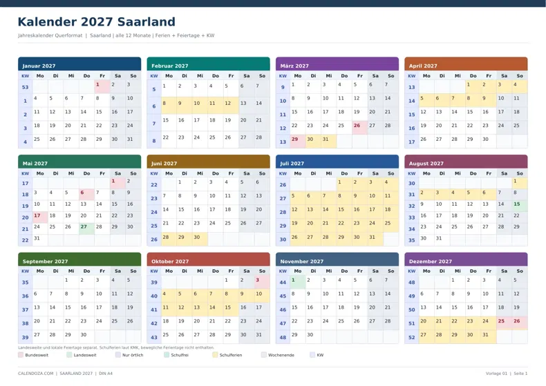 Kalender 2027 Saarland: Jahreskalender Querformat