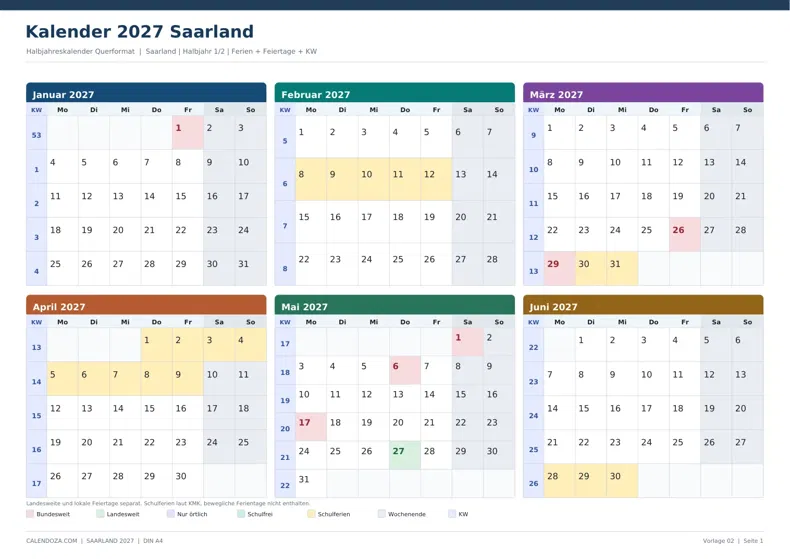 Kalender 2027 Saarland: Halbjahreskalender Querformat