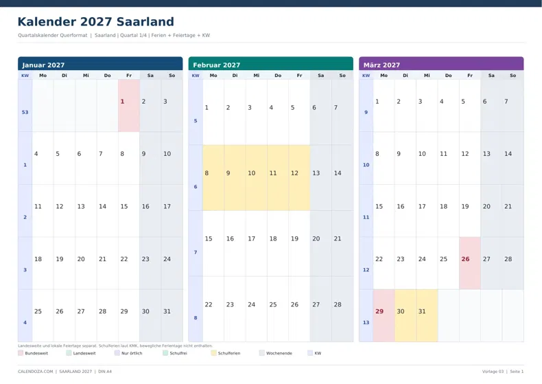 Kalender 2027 Saarland: Quartalskalender Querformat