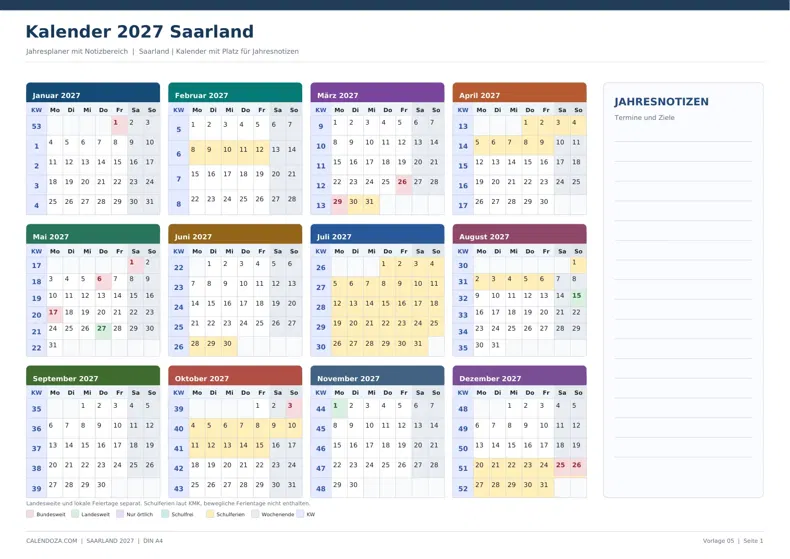 Kalender 2027 Saarland: Jahresplaner mit Notizen
