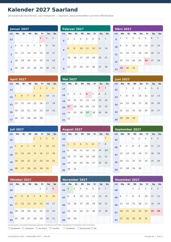 Kalender 2027 Saarland: Jahreskalender Hochformat