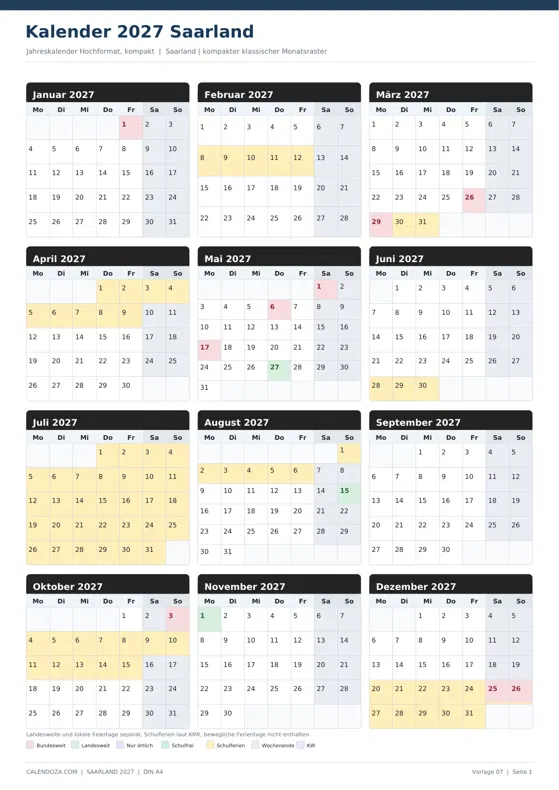 Kalender 2027 Saarland: Jahreskalender Hochformat kompakt