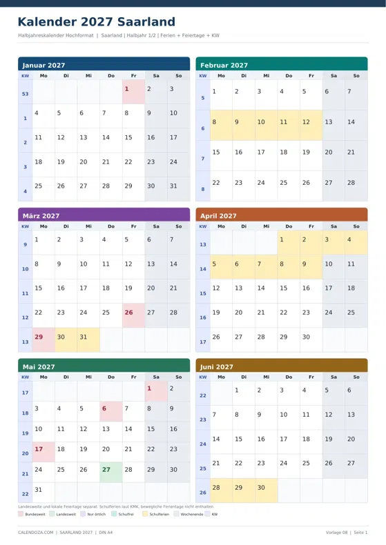 Kalender 2027 Saarland: Halbjahreskalender Hochformat
