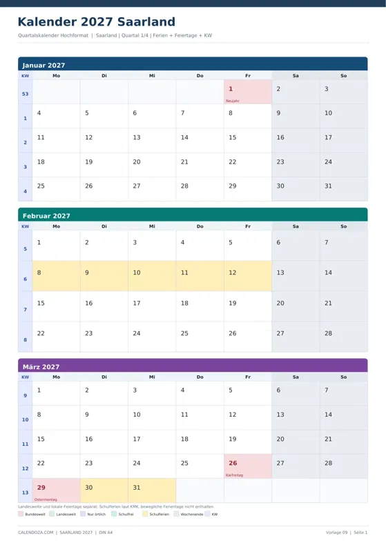 Kalender 2027 Saarland: Quartalskalender Hochformat