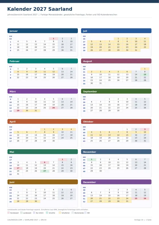 Kalender 2027 Saarland: Farbige Jahresübersicht Hochformat