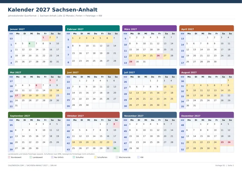 Kalender 2027 Sachsen-Anhalt: Jahreskalender Querformat