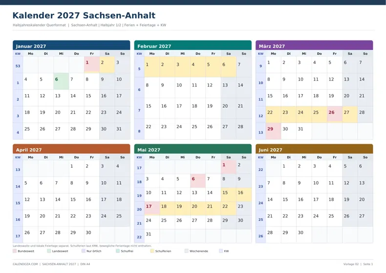 Kalender 2027 Sachsen-Anhalt: Halbjahreskalender Querformat