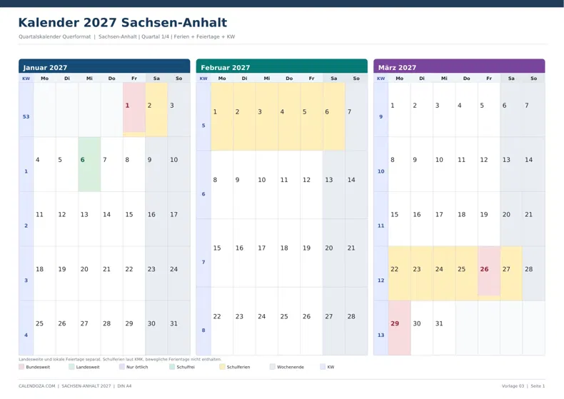 Kalender 2027 Sachsen-Anhalt: Quartalskalender Querformat