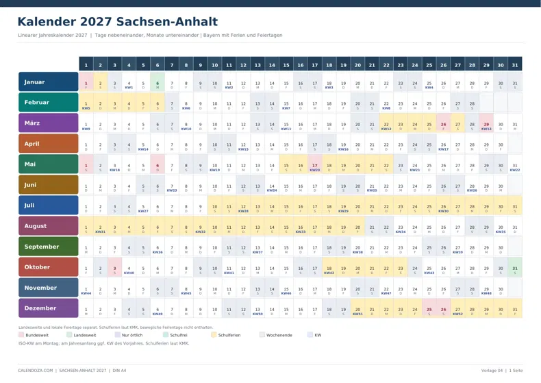 Kalender 2027 Sachsen-Anhalt: Linearer Jahreskalender