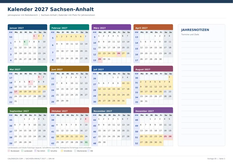 Kalender 2027 Sachsen-Anhalt: Jahresplaner mit Notizen