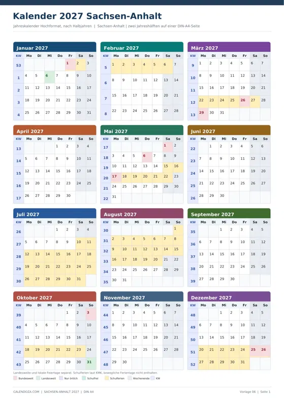 Kalender 2027 Sachsen-Anhalt: Jahreskalender Hochformat