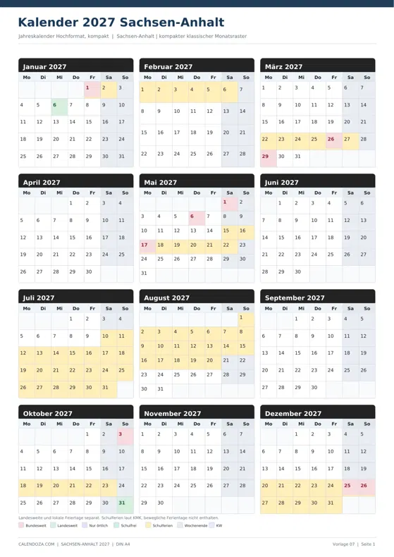 Kalender 2027 Sachsen-Anhalt: Jahreskalender Hochformat kompakt