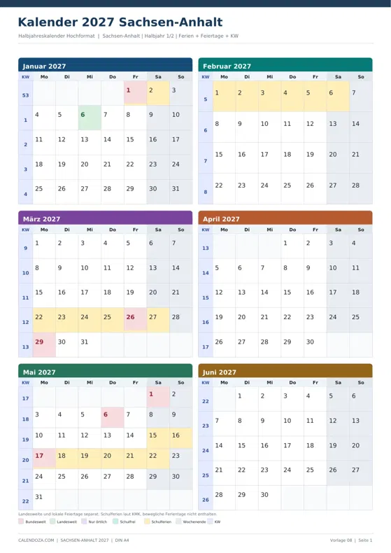 Kalender 2027 Sachsen-Anhalt: Halbjahreskalender Hochformat