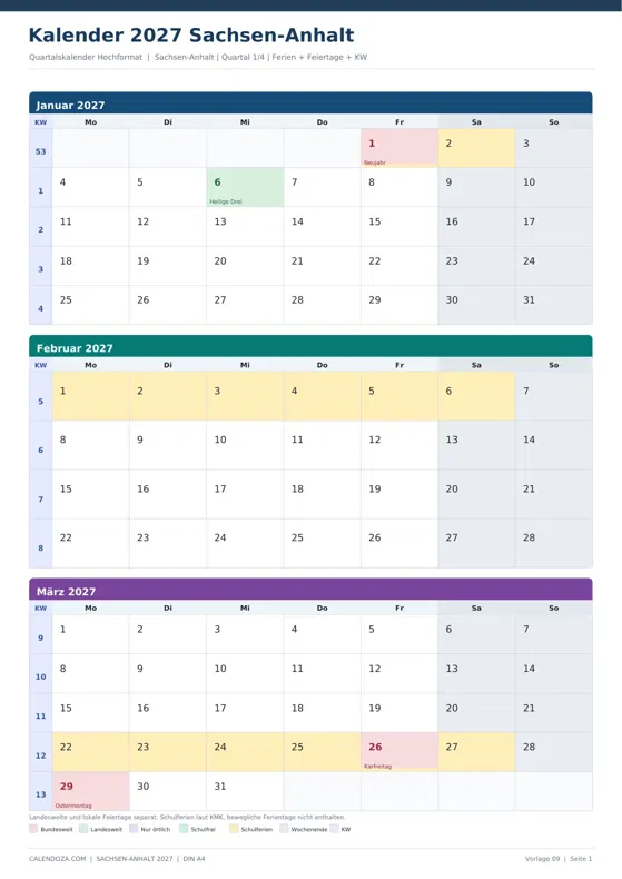 Kalender 2027 Sachsen-Anhalt: Quartalskalender Hochformat