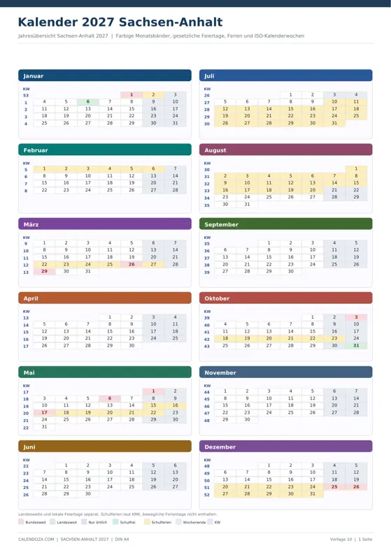 Kalender 2027 Sachsen-Anhalt: Farbige Jahresübersicht Hochformat