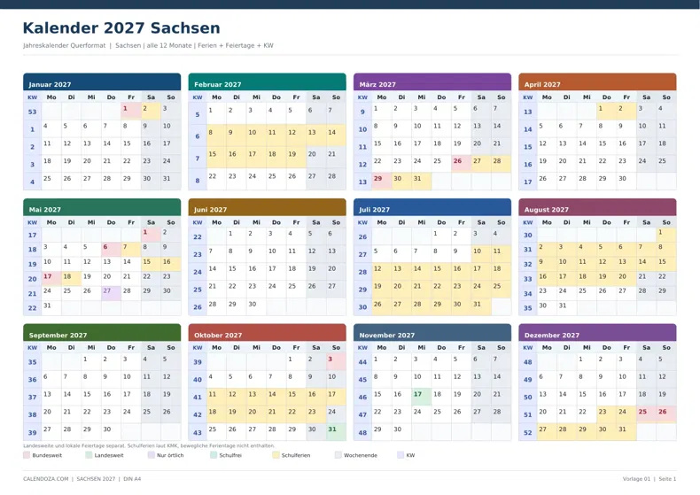 Kalender 2027 Sachsen: Jahreskalender Querformat