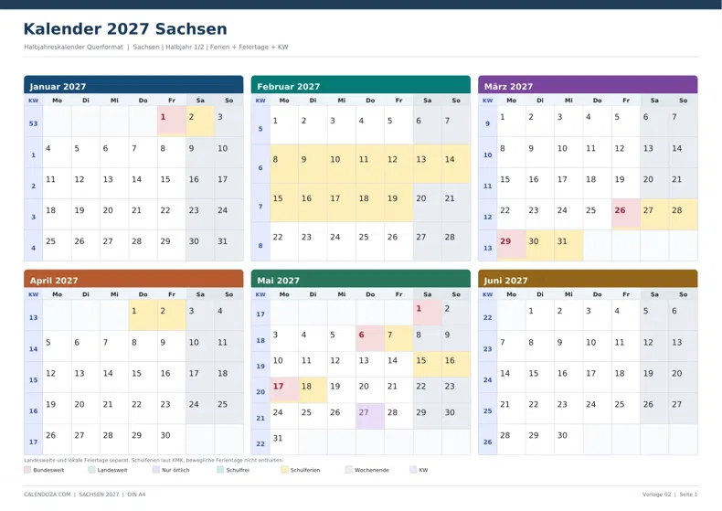 Kalender 2027 Sachsen: Halbjahreskalender Querformat