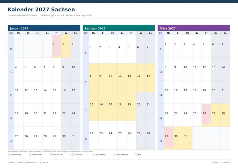Kalender 2027 Sachsen: Quartalskalender Querformat