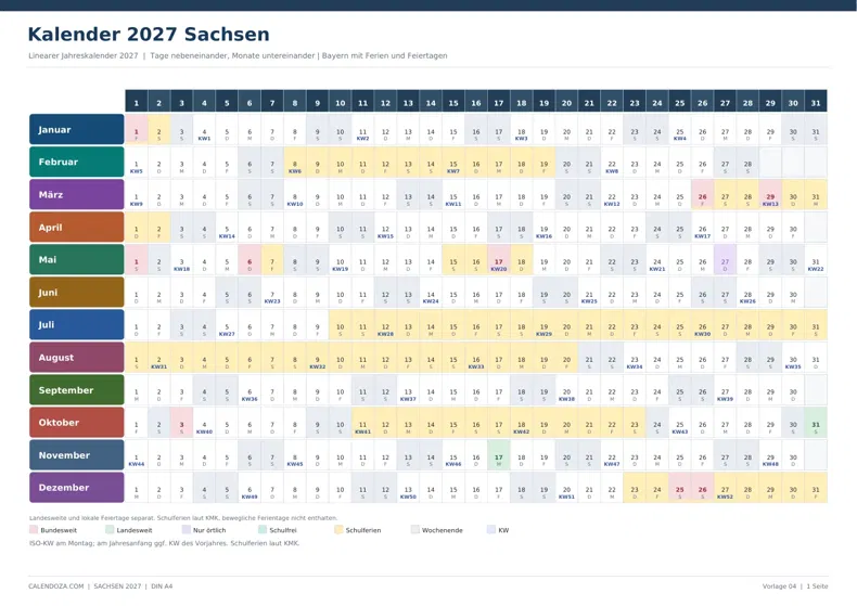 Kalender 2027 Sachsen: Linearer Jahreskalender