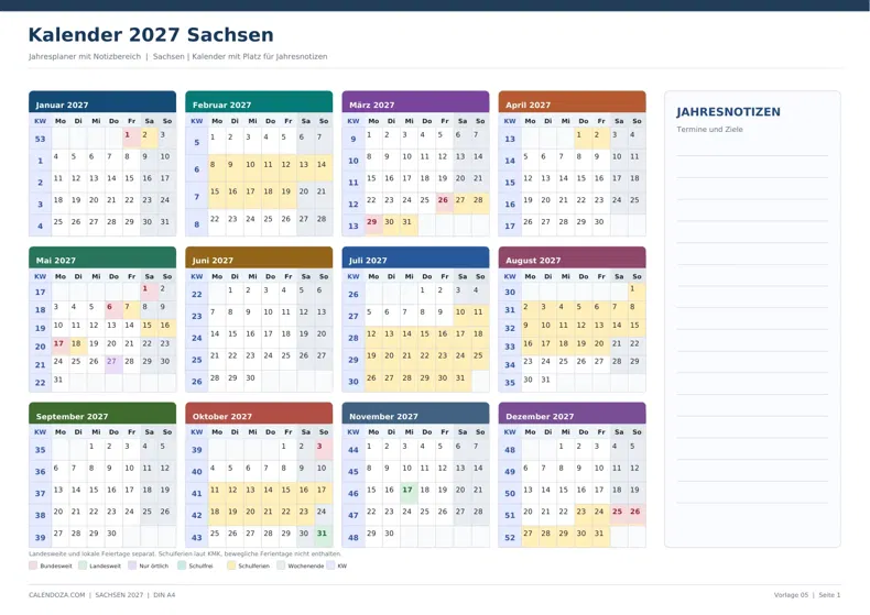 Kalender 2027 Sachsen: Jahresplaner mit Notizen