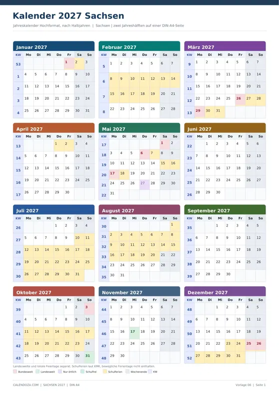 Kalender 2027 Sachsen: Jahreskalender Hochformat